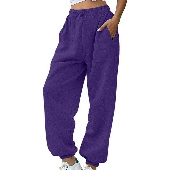 Lhpant Womens Cargo Sweatpants Wide Leg High Waisted Baggy Drawstring Sweat Pants with Pockets Purple XXL