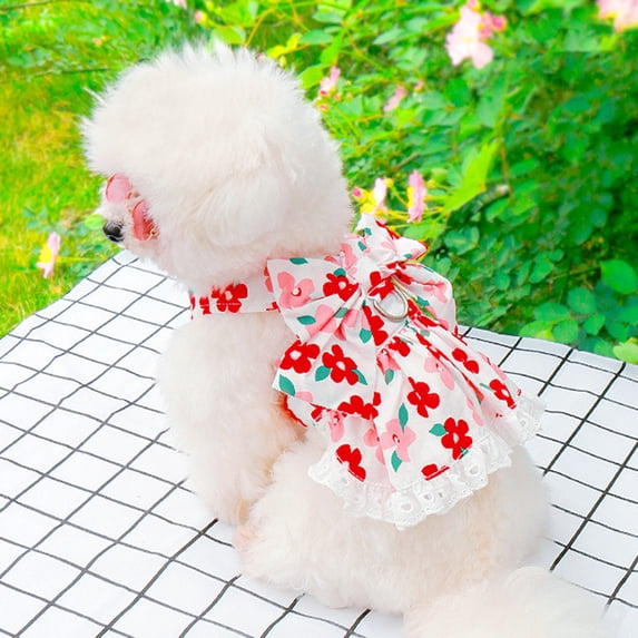 Lhujing Pet Bow Leash Dress Cute Pet Leash and Skirt Set-Bowknot Floral Print Anti-escape No Choking Comfortable Traction Spring Summer Accessory