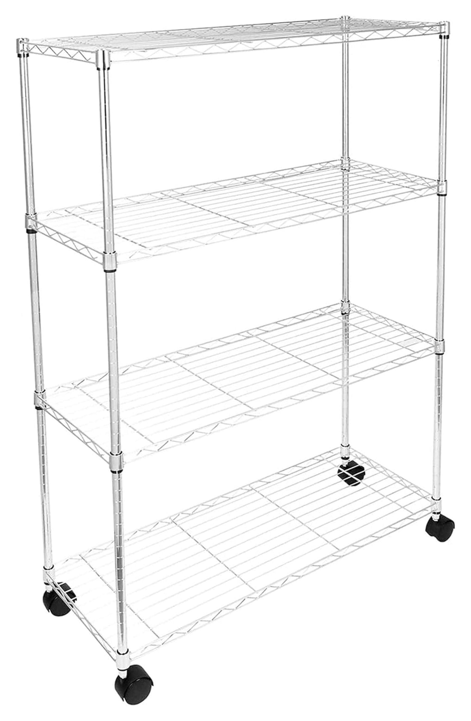 Chrome 4-Shelf Adjustable Wire Storage Unit with Wheels