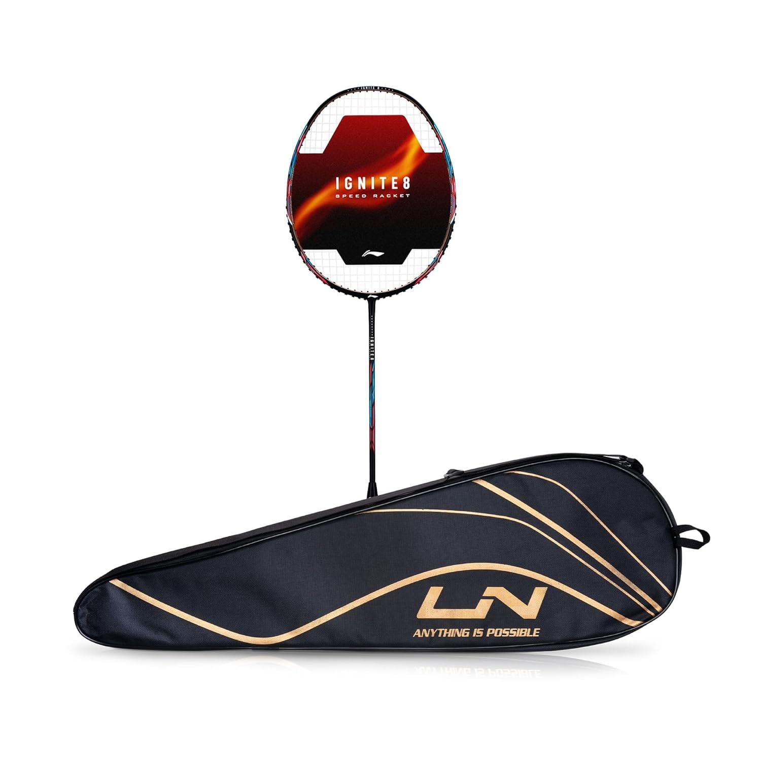 Li-Ning Ignite 8 Japanese Carbon Graphite Strung Badminton Racket With Full Cover , 77gm | Black , Maple Red & Real Teal
