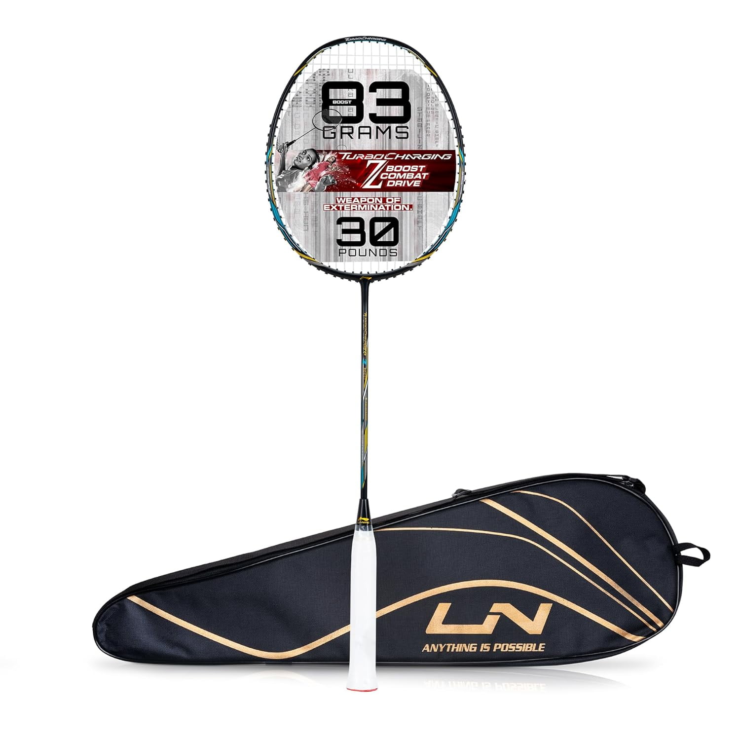 Li - Ning Turbo Charging Z Boost Carbon Fibre Strung | Black , Blue \u0026 Gold | Racket With Free Full Cover - Badminton | Grip Size 4 Inches