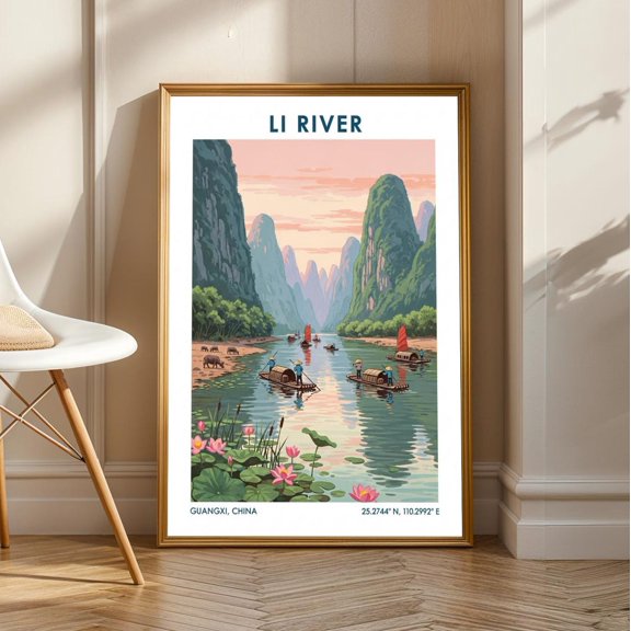 Li River Karst Mountains Print: Pink, Green, And Blue Chinese Landscape Art, Unframed Canvas Size 24x36