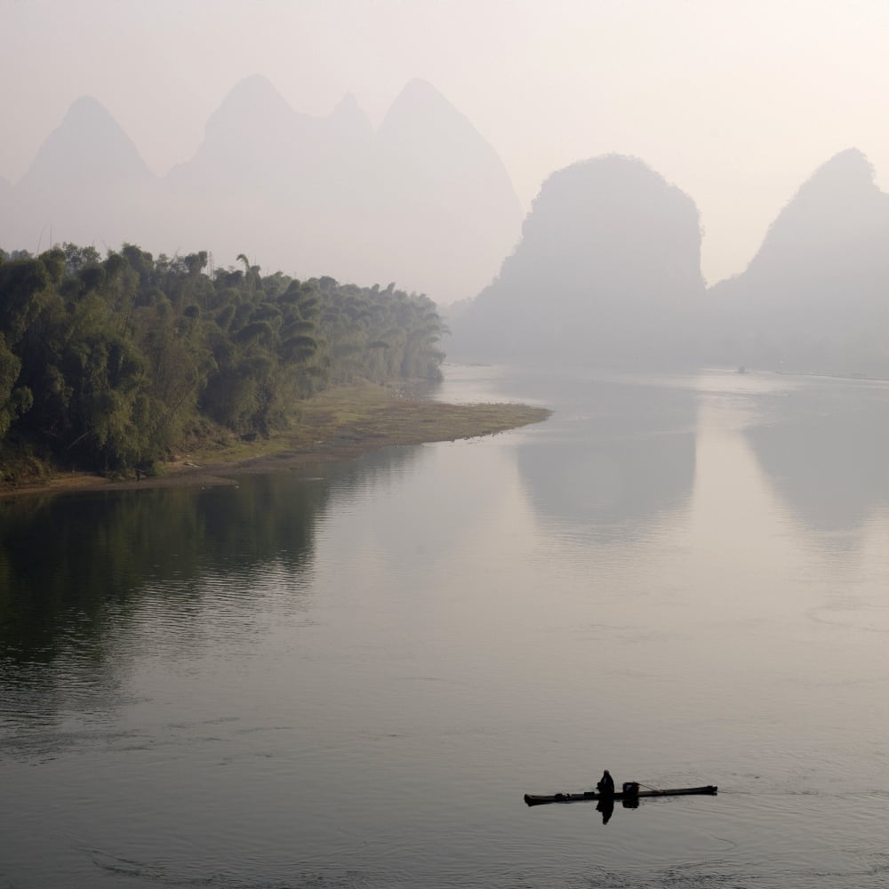 Li River Yangshuo County Guilin Guangxi Province China Lone Boater Canvas Art - Keith Levit Design Pics (24 x 24)
