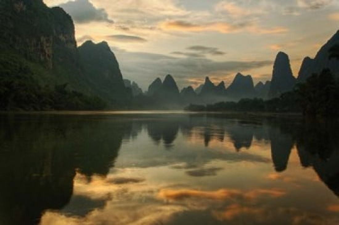 Li River and karst peaks at sunrise Guilin China Canvas Art - Adam Jones DanitaDelimont (24 x 15)