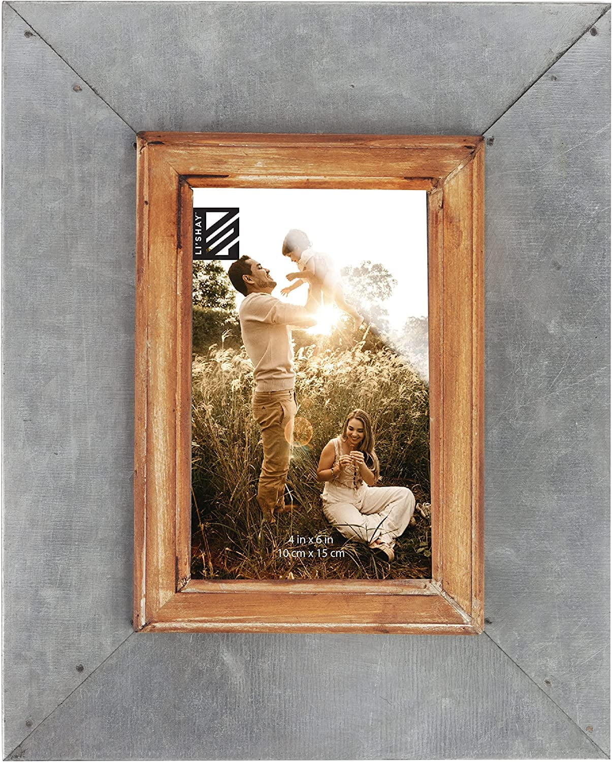 Li'Shay Picture Frame for 4x6 Photos Rustic Edge Wood and Galvanized