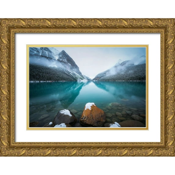 Li, Yongnan 24x18 Gold Ornate Wood Framed with Double Matting Museum Art Print Titled - Foggy Lake Louise