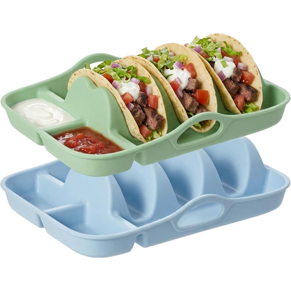 Li&Zhao Silicone Taco Holders Set of 2 - Reusable Taco Plates with Sauce Compartments, Microwave Safe, for Kitchen, Party, Fiesta,Soft Shell Tacos, Serving Taco Tray with Handle