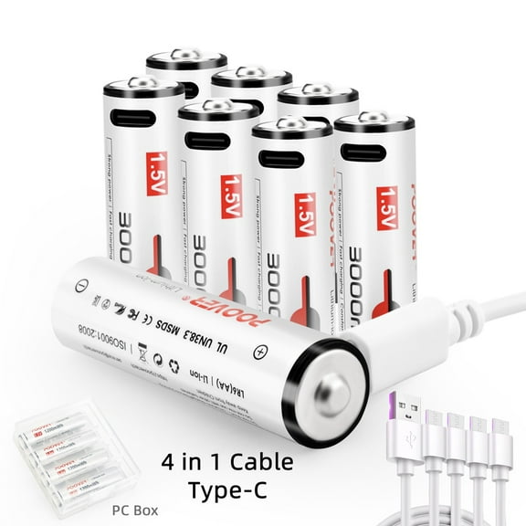 Li-ion AA Battery Rechargeable 1.5v Type-C 3000mWh Double A Battery with 4-1 USB Charging Cable
