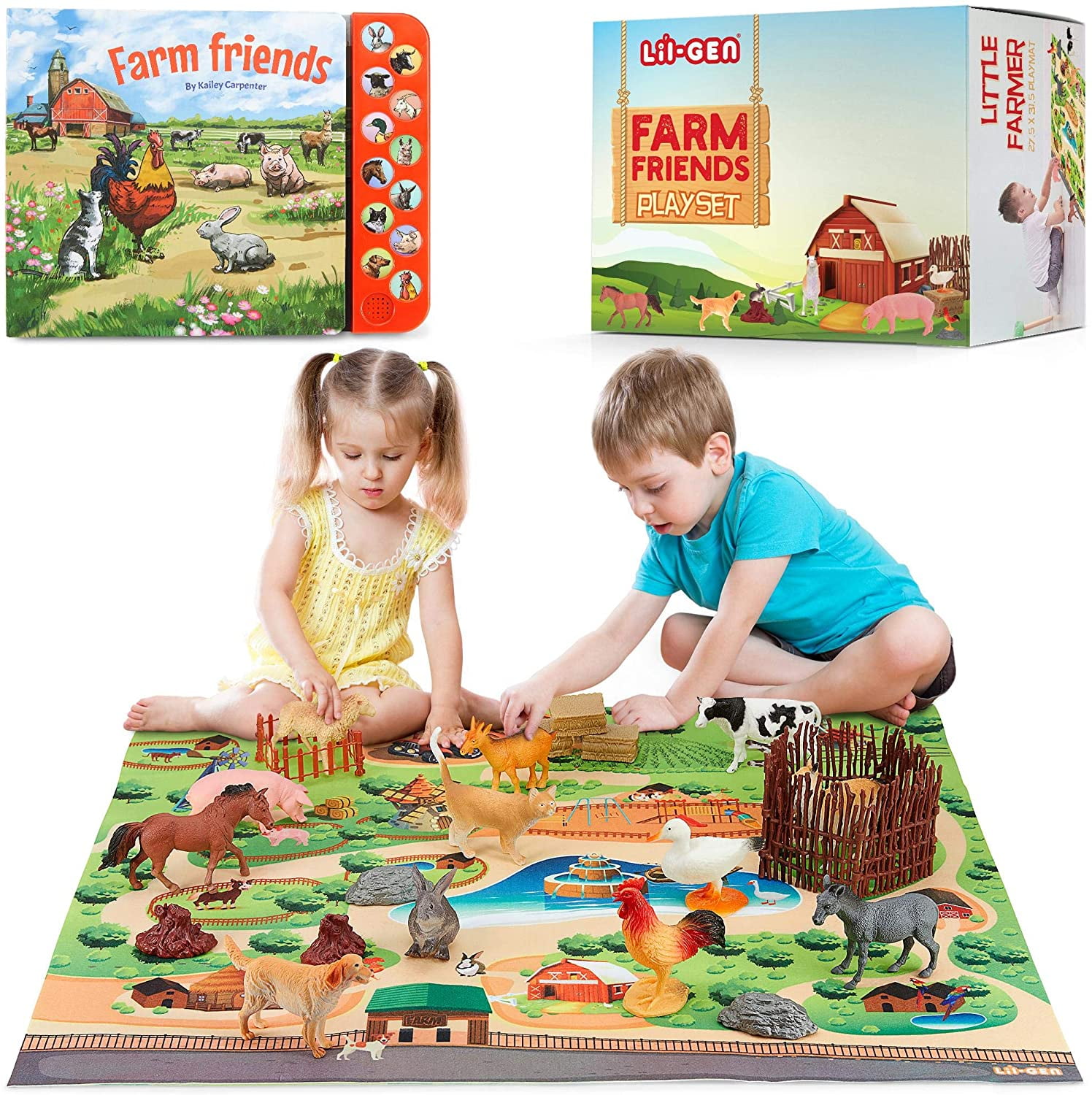 Li'l-Gen Toy Farm Animals with Interactive Farm Animal Sound Book | 12 Toy Figures with Playmat and Farm Accessories for Toddlers | Farm Playset for Boys and Girls 2 Years Old & Up (22 Piece Set)