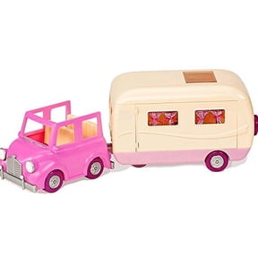 Lil Woodzeez Happy Camper Pink Toy Car with Family Caravan 40pc Playset with Toy Furniture, Food, and Kitchen Accessories Gifts for Kids Age 3+