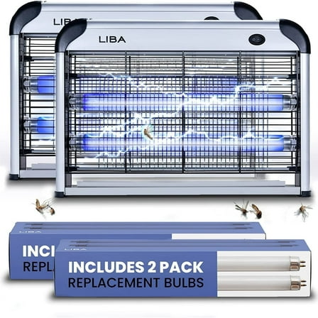 LiBa Electric Bug Zapper (2-Pack) Indoor Insect Killer - (4) Extra Replacement Bulbs - Fly, Mosquito Killer and Repellent - Lightweight, Powerful 2800V Grid, Easy-to-Clean, Removable Washable Tray