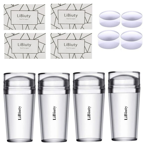 LiBiuty 4pcs Clear Nail Stampers 4pcs Nail Scrapers 4pcs Silicone Nail Art Stamper Heads