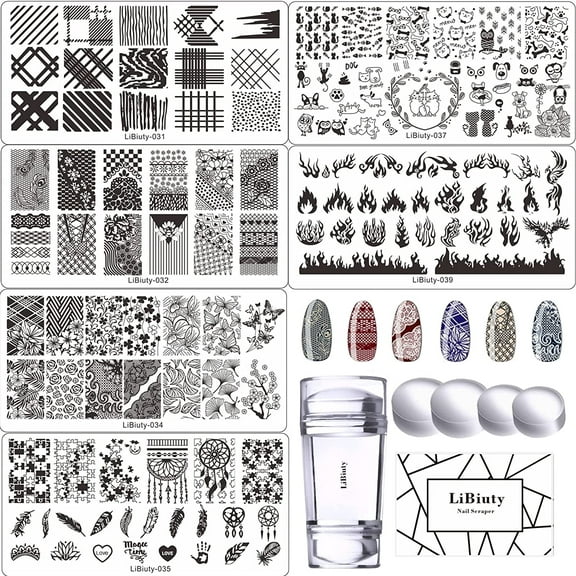 LiBiuty 6Pcs Nail Stamping Plates Sets Nail Templates with Dual Head Stamper & Scraper Extra 4 PCS Nail Stamper Heads for Nail Template Stamping DIY