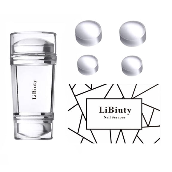 LiBiuty Nail Art Stamper Dual Head Clear Jelly Nail Polish Transfer Stamper Extra 4Pcs Silicone Heads & 1 Scraper Manicure Nail Art Tool