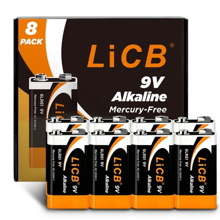LiCB 8 Pack Alkaline 9V Battery, Long-Lasting 9 Volt Batteries Perfect for Smoke Detectors