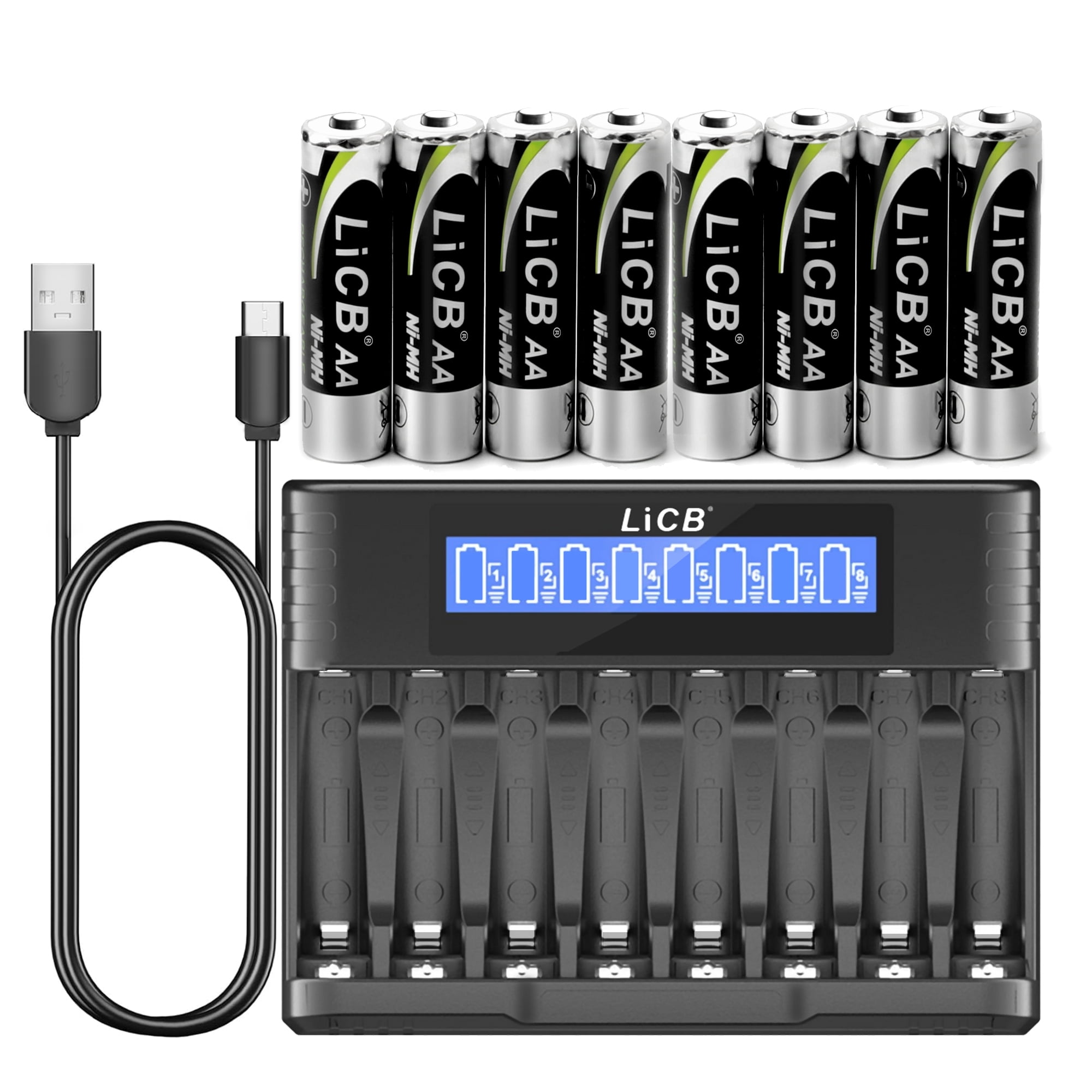 LiCB NiMH Batteries AA 2800mAh with Smart 8 Bay Battery Charger, 8 Count 1.2V Rechargeable Double A Battery