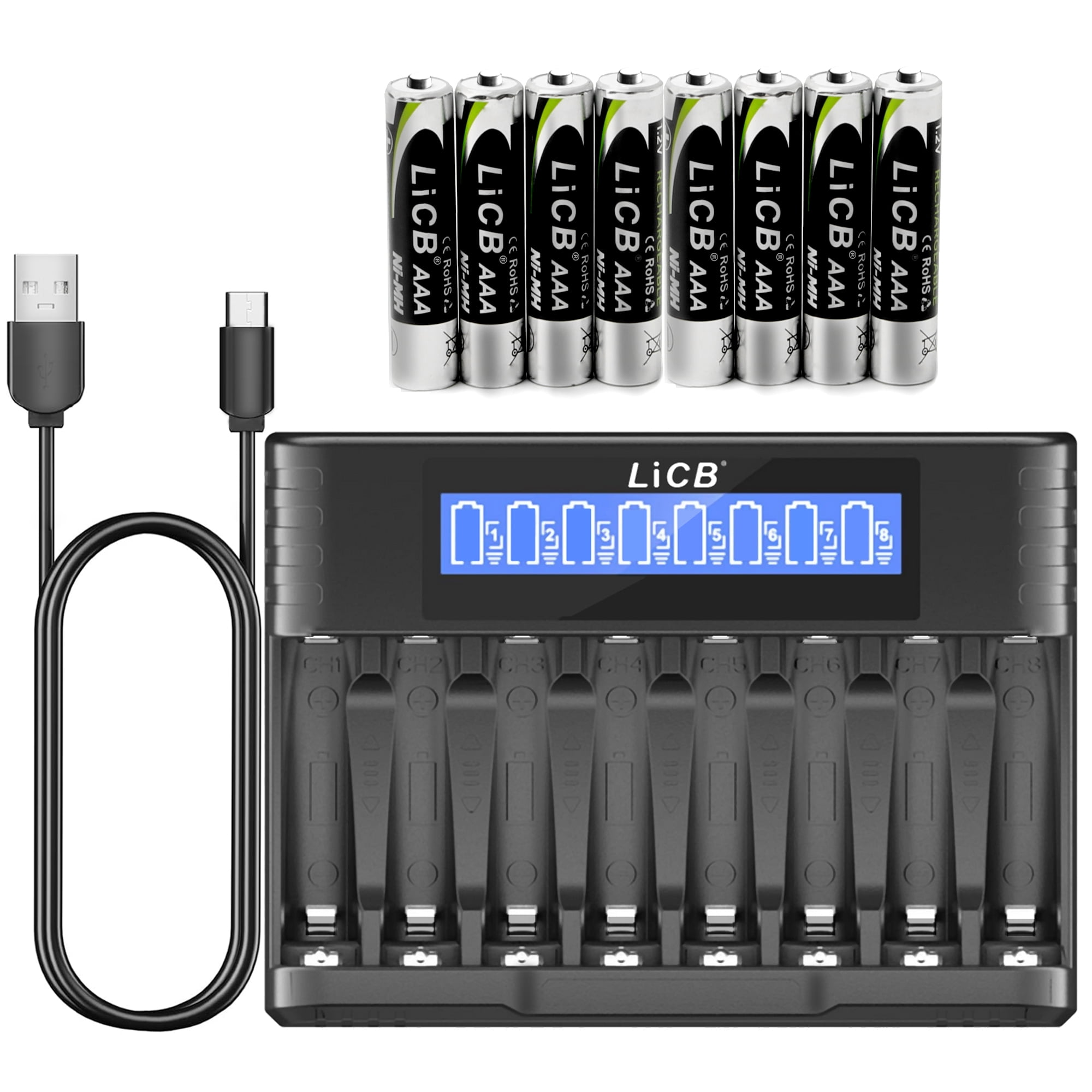 LiCB Rechargeable Batteries AAA 1100mAh with Smart 8 Bay Battery Charger, 8 Count 1.2V NiMH Triple A Battery