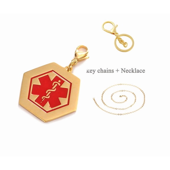 LiFashion 316L Stainless Steel IP Gold Plated Sos DNR Medical Alert Hexagon ID Tag Key Ring Keychain Charm Pendant Necklace for Men Women Health Alert Monitoring Systems