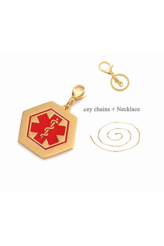 316L Stainless Steel IP Gold Plated Sos DNR Medical Alert Hexagon ID Tag Key Ring Keychain Charm Pendant Necklace for Men Women Health Alert Monitoring Systems