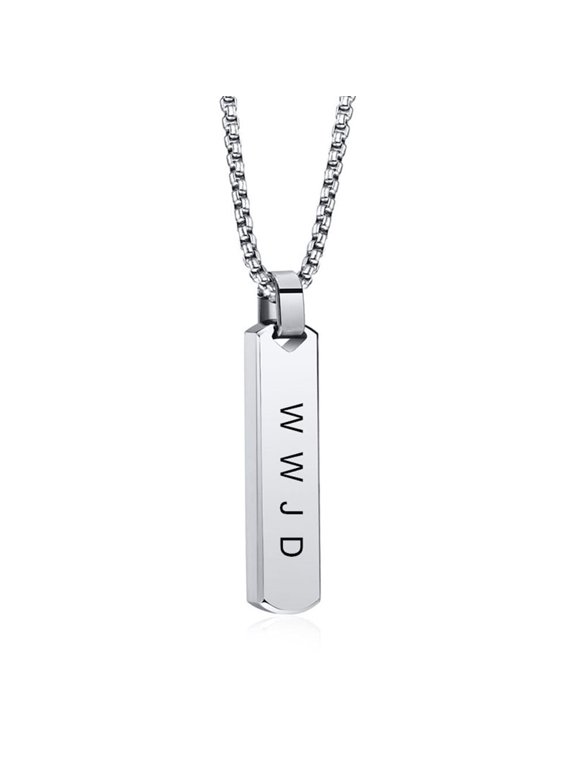 HWLF WWJD Pendant Necklace for Men ,Stainless Steel What Would Jesus Do,He Would Love First 3D Bar Necklace Motivational Faith Religious Baptism Reminder Jewelry for Him