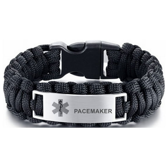 LiFashion LF Mens Stainless Steel PACEMAKER Medical Alert Outdoor Black Rope Paracord Survival Medical ID Bracelet Sos Emergency Cuff Bracelets for Adult Hiking Camping Hunting Activities