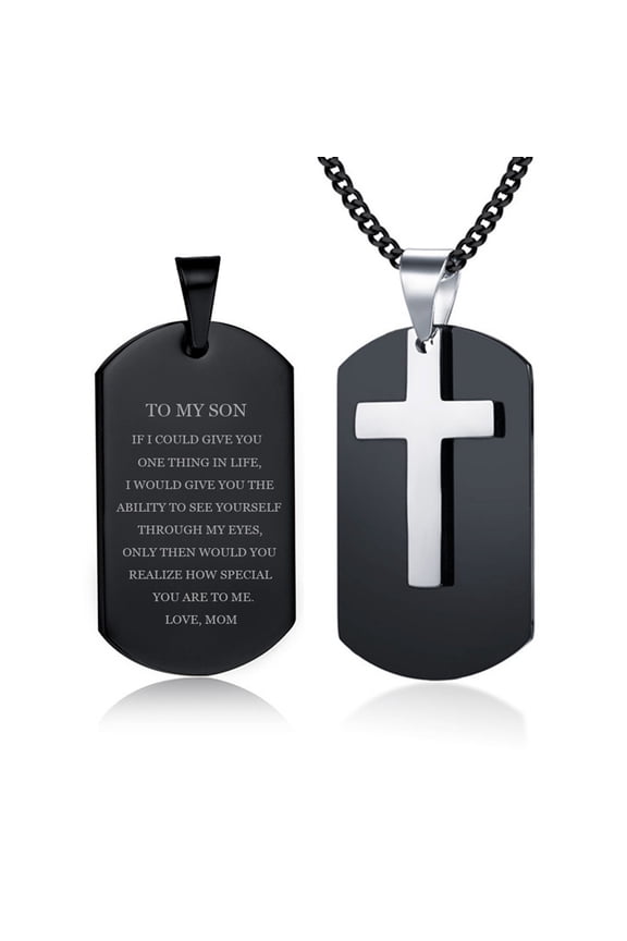 LF Stainless Steel Personalized Name Custom to My Son Cross Dog Tag Pendant Necklace for Son Sentiment Motivational Quote Engraved for Christmas Birthday Gift from Dad Mom