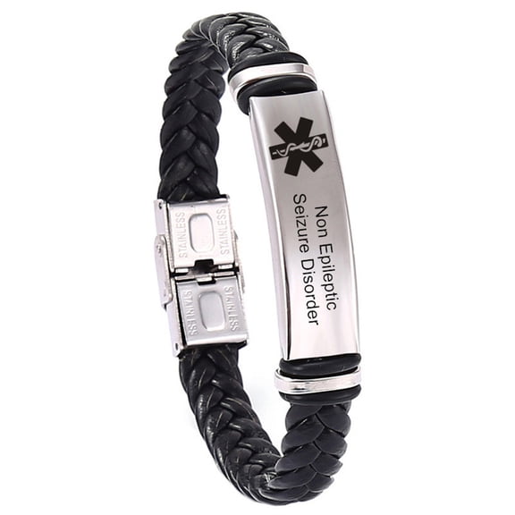 LiFashion Non Epileptic Seizure Bracelet Mens Womens Stainless Steel Braided Leather Medical Alert Wristband Sos ICE Personalized Customized Medical ID Bracelet Awareness Emergency with Medic Card