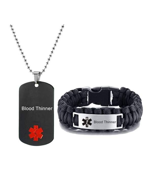 Personalized Customize Medical Alert Jewelry Sets Emergency ID Tag Paracord Survival Caduceus Bracelet Necklace Sets,Engraving Medic Jewelry for Men(Medical Alert Necklace + Bracelet)