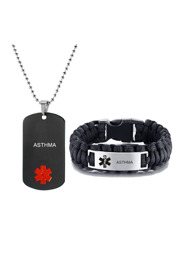 Personalized Customize Medical Alert Jewelry Sets Emergency ID Tag Paracord Survival Caduceus Bracelet Necklace Sets,Engraving Medic Jewelry for Men(Medical Alert Necklace + Bracelet)