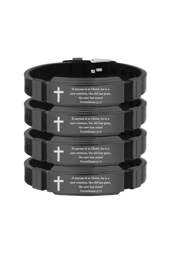 Personalized Inspirational Bible Verse Bracelet Set for Men,Adjusted Faith Wristbands Stainless Steel Silicone Scripture Quote ID Bracelets Encourage Christian Religious Gift,4 Packs