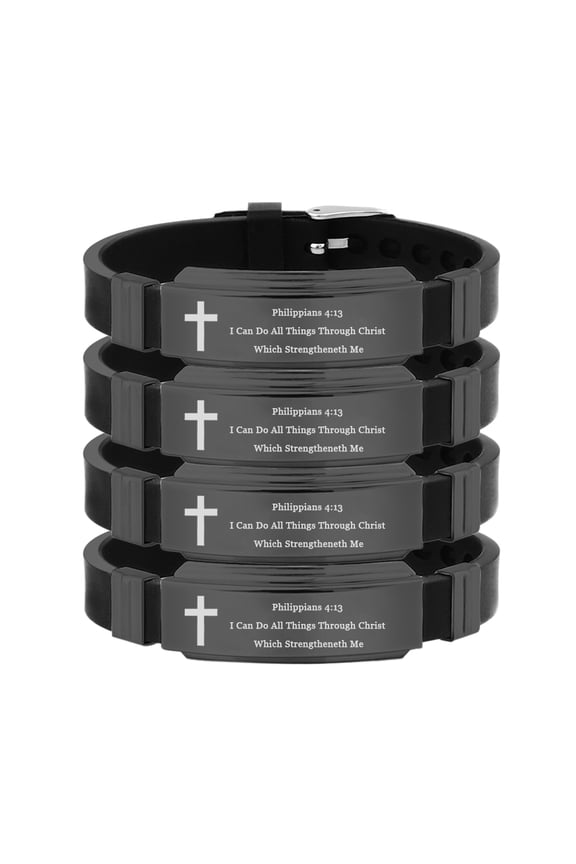 Personalized Inspirational Bible Verse Bracelet Set for Men,Adjusted Faith Wristbands Stainless Steel Silicone Scripture Quote ID Bracelets Encourage Christian Religious Gift,4 Packs