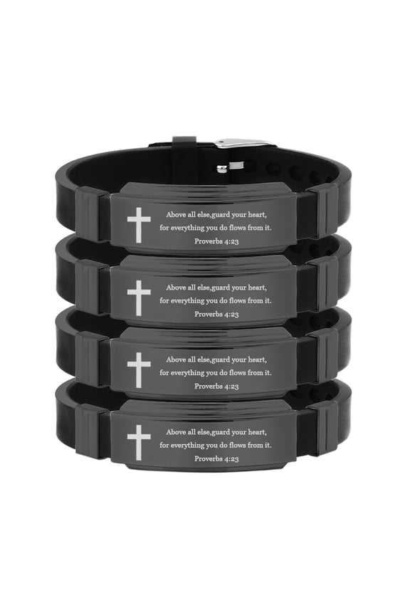 Personalized Inspirational Bible Verse Bracelet Set for Men,Adjusted Faith Wristbands Stainless Steel Silicone Scripture Quote ID Bracelets Encourage Christian Religious Gift,4 Packs