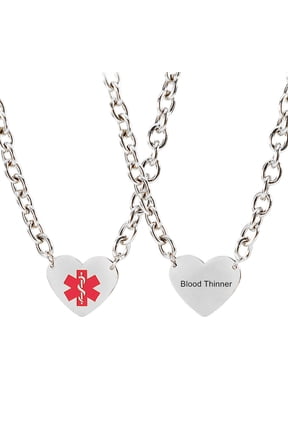 Personalized Medic Necklace for Women,316L Stainless Steel Engraved Medical Alert Heart Charm Rolo Chain Med ID Pendant Monitoring Awareness for Outdoor Emergency(Free Meds Wallet Card)
