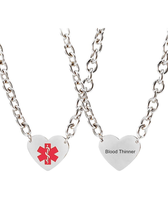 Personalized Medic Necklace for Women,316L Stainless Steel Engraved Medical Alert Heart Charm Rolo Chain Med ID Pendant Monitoring Awareness for Outdoor Emergency(Free Meds Wallet Card)