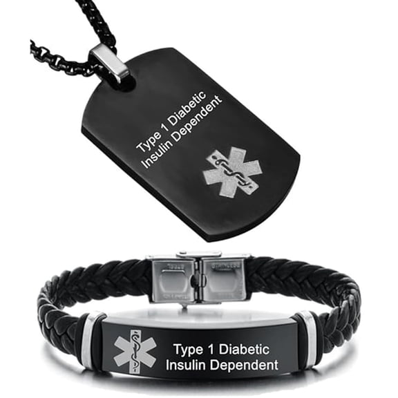 LiFashion Type 1 Diabetic Insulin Dependent Medical Alert ID Necklaces and Bracelets Set for Men Women Medic Identification Pendant Necklace & Leather Cuff Bracelet Allergy Awareness Jewelry