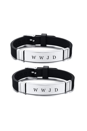 WWJD HWLF Bracelet Set for Men Women,2Pcs Stainless Steel Adjusted Silicone What Would Jesus Do He Would Love First Bracelets Inspirational Religious Reminder Jewerly Gift for Him Her