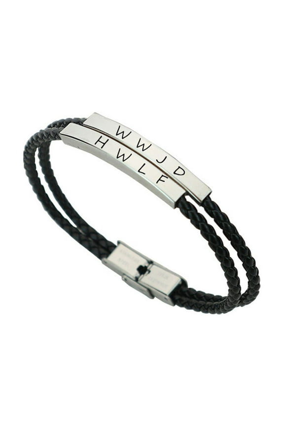 WWJD HWLF Bracelets for Lover,Handmade Leather Bracelet What Would Jesus Do He Would Love First Wristband Stainless Steel 2 Layers Inspirational Religious Reminder Jewelry Gift for Him Her