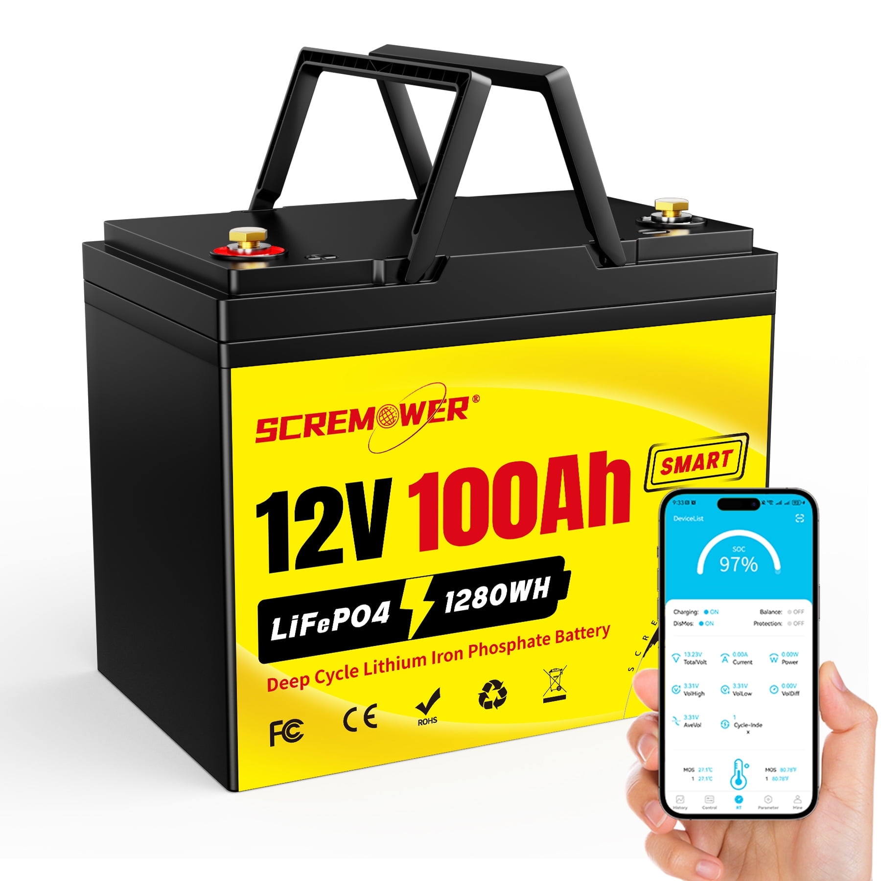 12V 100Ah LiFePO4 Battery Bluetooth, 100A BMS Low-Temp Protection Deep Cycles Mini Lithium Batteries for RVs, Golf Cart, Home Energy Storage, Boats and Marine