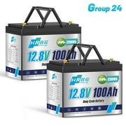 2Pack 12V 100Ah Mini Group 24 LiFePO4 Battery,100A BMS Lithium Batteries for RV Marine Trolling Motor Solar Boat Camper off-Grid,15000+Deep Cycles Small Battery
