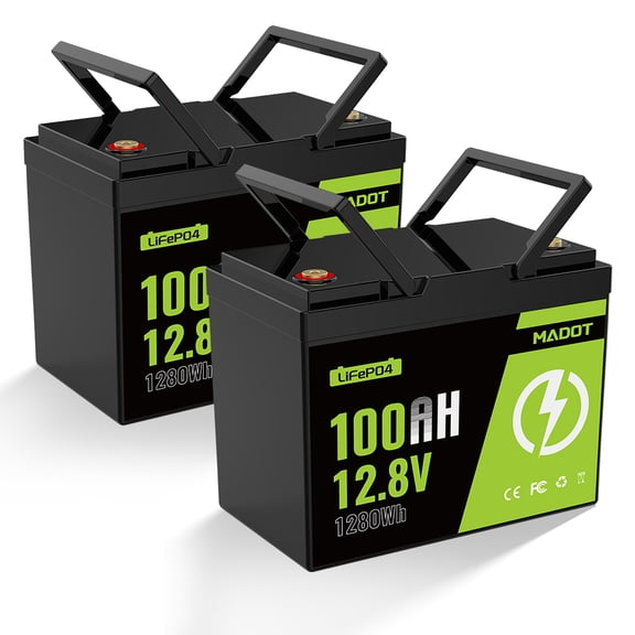 LiFePO4 Battery 12V 100Ah , BCI Group 24 Deep Cycle Solar Battery, Cell Grade A with Low-Temp Protection, 100A BMS, 1280Wh, 15000 Cycles 2 pack