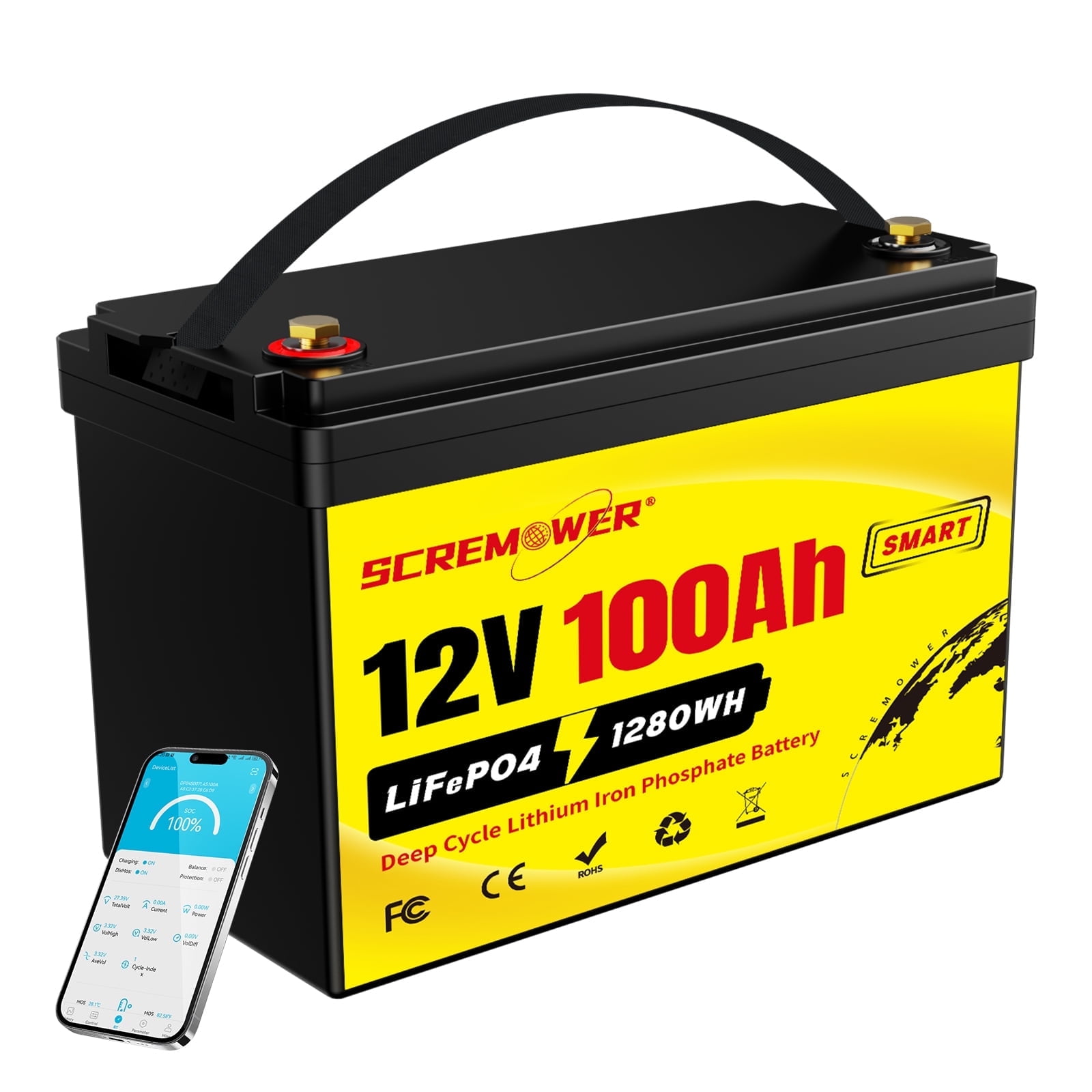 12V 100Ah LiFePO4 Battery Bluetooth,SCREMOWER 15000 Deep Cycles Lithium Replacement Batteries 100A BMS for Campers RV Solar Golf Carts Trolling Motor