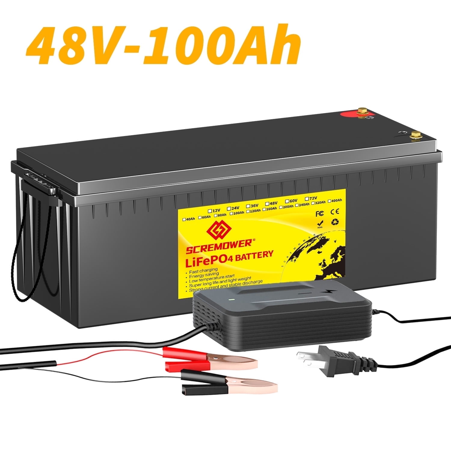 LiFePO4 Battery 48V 100AH,150A BMS RV Golf Cart Trolling Motor Camper Lithium Ion Batteries,SCREMOWER 15000 Deep Cycles Grade-A Cells