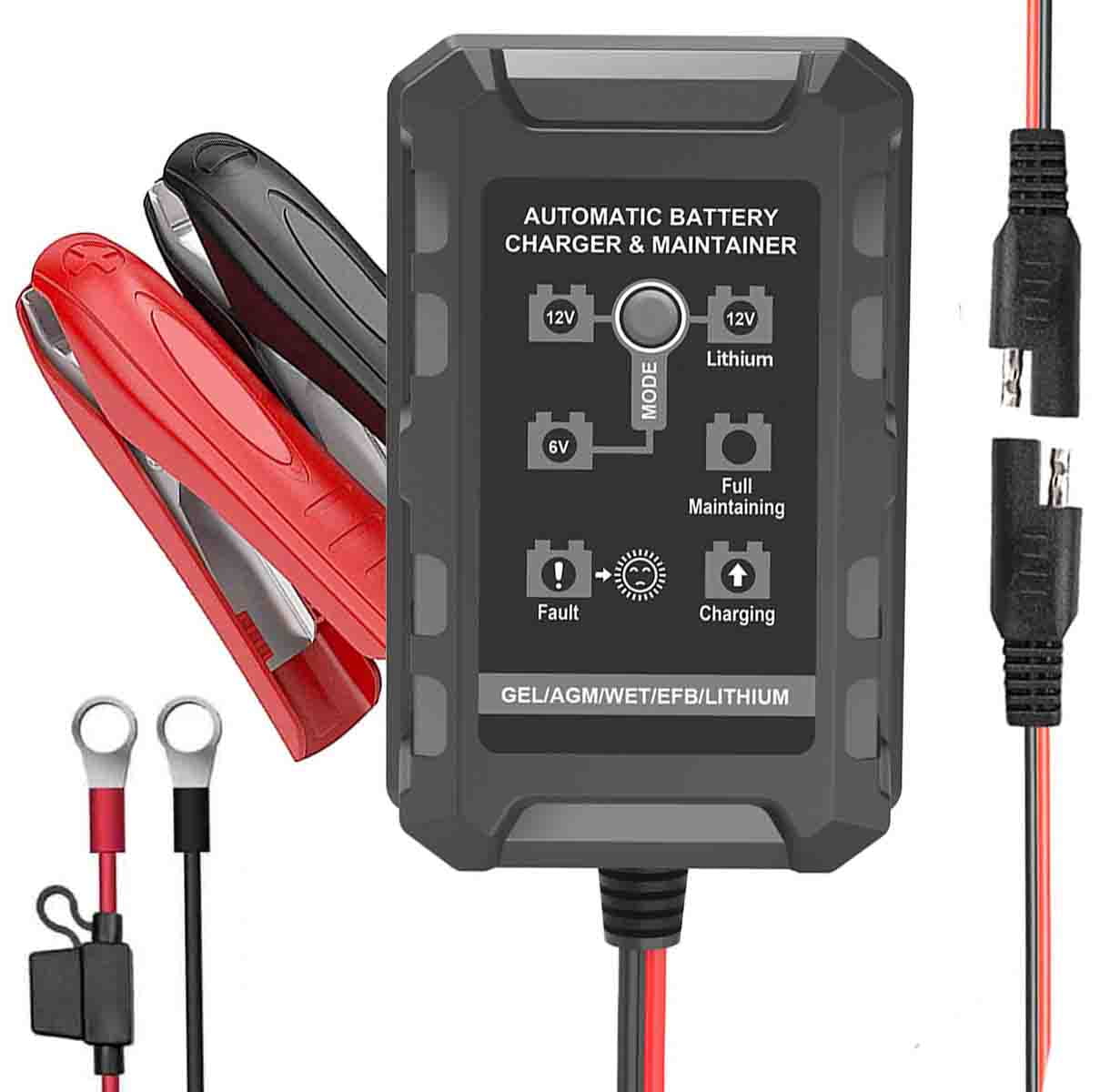 LiFePO4 Battery Charger 12V 1.5A Lithium Iron Phosphate Battery Charger with Clamps for Automotive Car RV Lawn Mower Golf Cart
