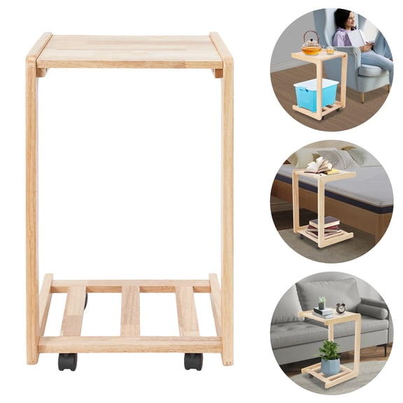 LiHUiee 15.75*15.35*24.8in Wood Color C-shaped End Table Free Standing End Table w/ 4 Universal Wheels