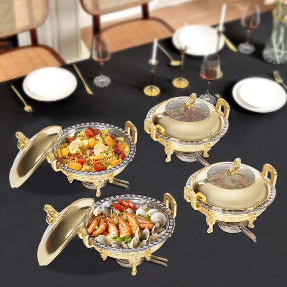 LiHUiee 4PCS Gold Chafing Dishes Chinese Style Chafing Buffet Set Round Chafing Dishes for Parties, Wedding