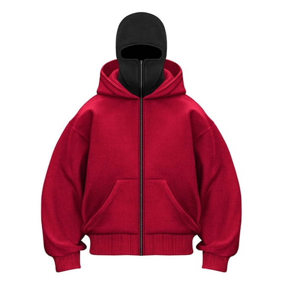 LiJinLong Balaclava Hoodie Zipper Men's Double Layered Hood Warm Fleece Lining Cold Weather Streetwear Hop Y2K Fashion Urban Style, Red L