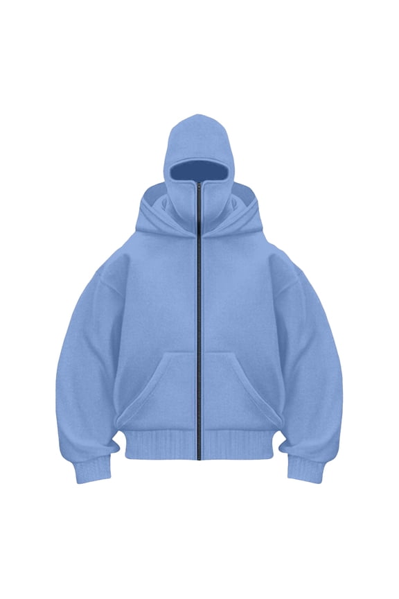 Balaclava Hoodie Zipper with Windproof Warm Face, Double Hooded Zip Jacket, Resistant Winter Hoodies for Men's & Women's, Black L S-XXL