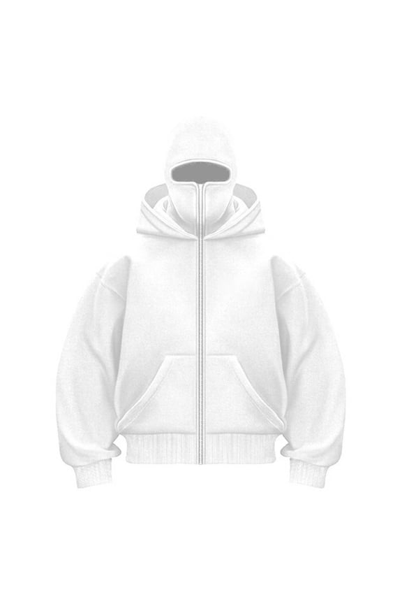 Balaclava Hoodie Zipper Men's Double Layered Hood Warm Fleece Lining Cold Weather Streetwear Hop Y2K Fashion Urban Style, White S