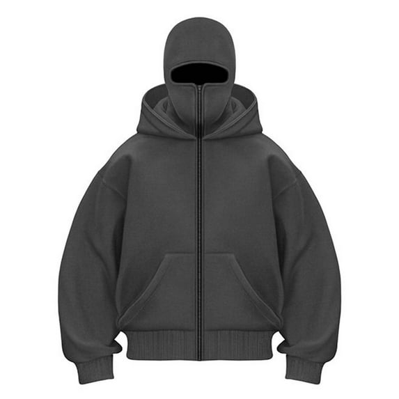 LiJinLong Balaclava Hoodie Zipper Men's Double Layered Hood Warm Fleece Lining Cold Weather Streetwear Hop Y2K Fashion Urban Style, Grey M