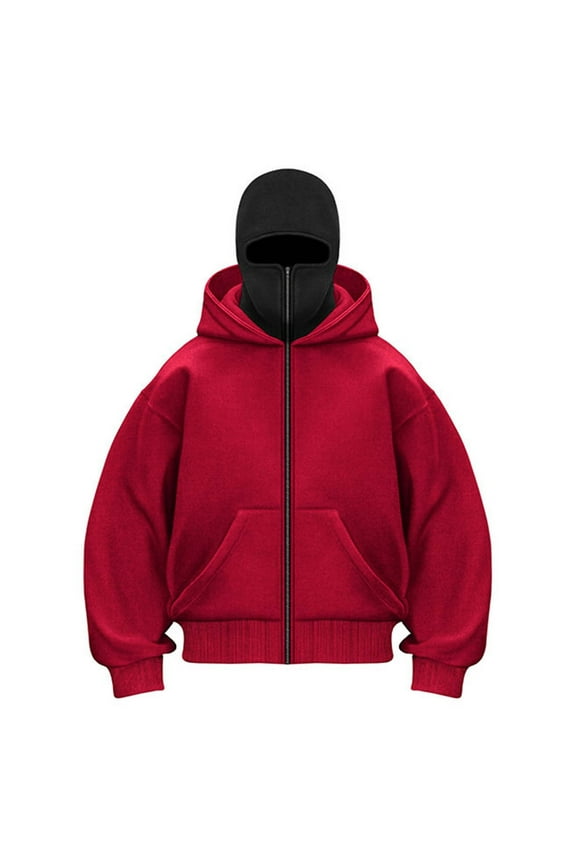 Balaclava Hoodie Zipper with Windproof Warm Face, Double Hooded Zip Jacket, Resistant Winter Hoodies for Men's & Women's, Red M